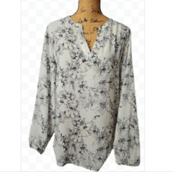 Adrienna Papell Black And White Floral Blouse Sz Lg - Picture 1 of 8
